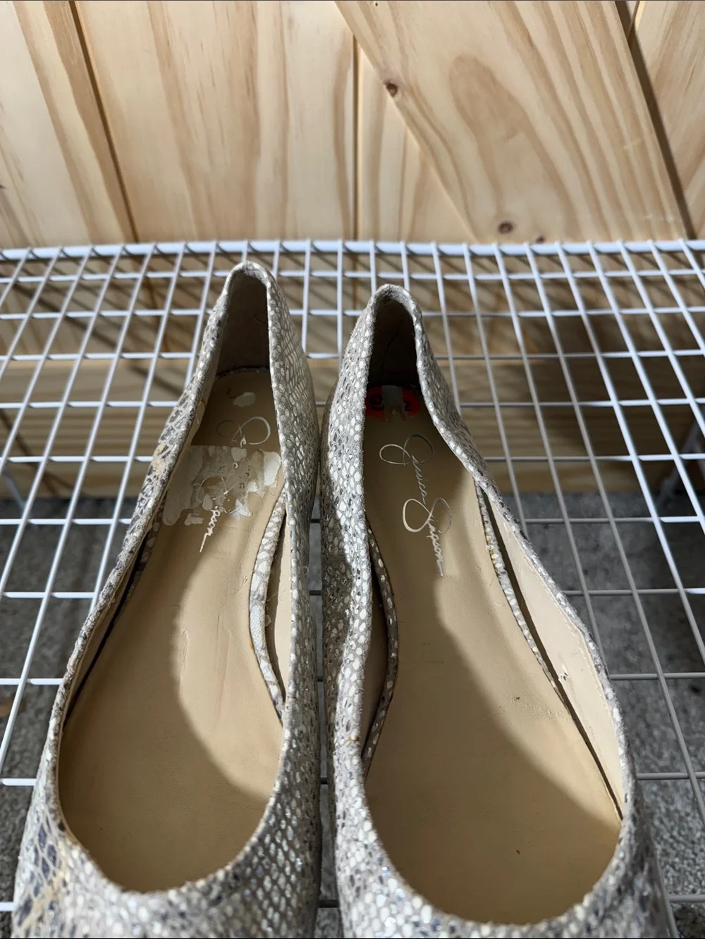 Jessica Simpson Metallic Snake-Print Flats in Beige Silver
